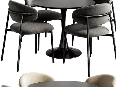 Modern Round Dining Table Set With Gray Fabric Chairs And Black Metal Legs 3d model