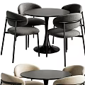 Modern Round Dining Table Set With Gray Fabric Chairs And Black Metal Legs