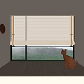 Serene Tea Room with Wooden Floor Roller Blinds and Cat by Window Overlooking Mountain View