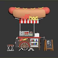 Red Hot Dog Shaped Canopy Cart With Striped Awning Chalkboard Sign And Stool