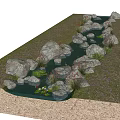Natural Stone And Wood Landscape With Stream Grass And Green Plants