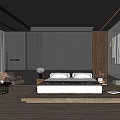 Modern Dark Bedroom Interior With Large Bed Armchair Wooden Flooring And Recessed Lighting