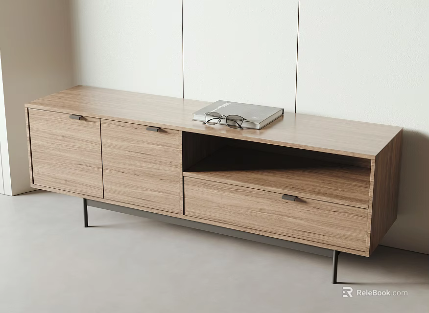 Modern Wooden TV Stand With Drawers Cabinets And Metal Legs Design 3d model 