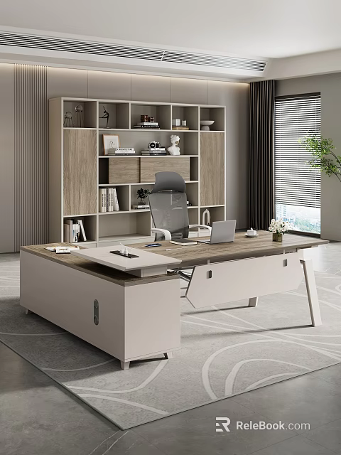 Modern Office Desk with Wooden Top White Legs Laptop Documents Plant Bookshelf and Window Blinds 3d model 