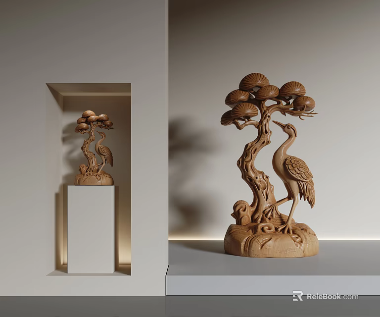 Intricate Carved Wooden Sculpture With Pine Tree Crane And Pine Cones On Display Stand 3d model 