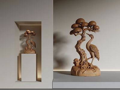 Intricate Carved Wooden Sculpture With Pine Tree Crane And Pine Cones On Display Stand 3d model