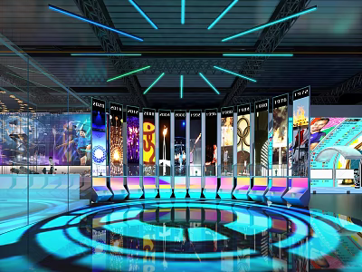 Futuristic Exhibition Hall With Multiple Digital Displays Vibrant Lighting And Circular Illuminated Floor 3d model