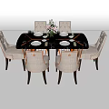 Stylish Dining Table Set With Black Surface Beige Chairs And Floral Centerpiece 3d model