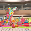 Vibrant Candy Themed Photo Spot In Mall Atrium With Lollipop And Ice Cream Decorations