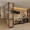 Traditional Chinese Tea House Lobby With Wooden Decor Reception Desk And Lanterns