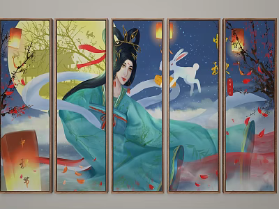 Chinese Traditional Five Panel Painting Featuring Woman Rabbit Moon Lantern And Red Leaves 3d model