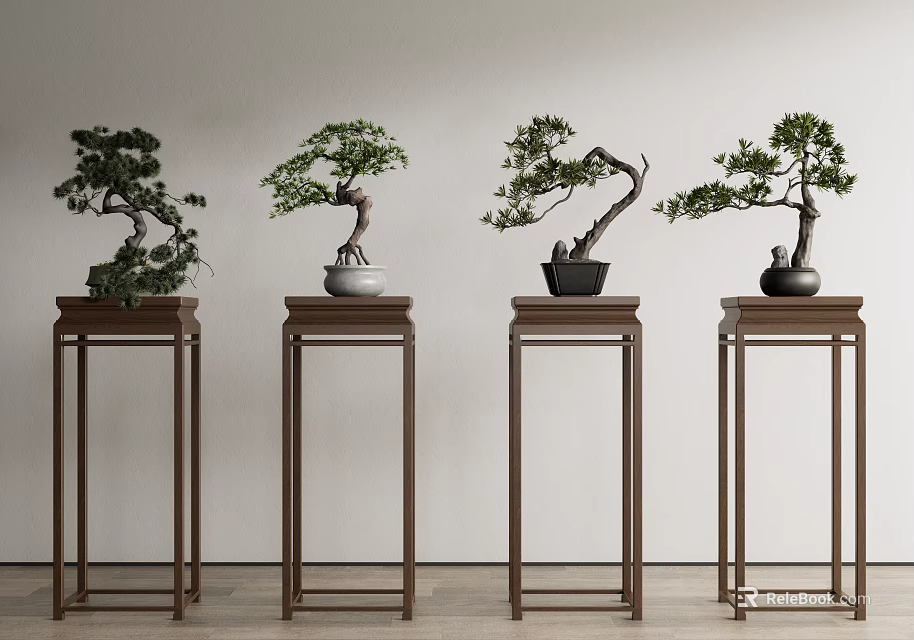 Four Traditional Bonsai Plants On Tall Wooden Stands With Light Background 3d model 