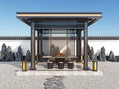 Traditional Chinese Garden Pavilion With Wooden Latticed Design Stone Lanterns Rockery And Gravel Path 3d model