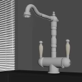 Classic Chrome Kitchen Faucet With White Handles On Black Countertop Near Window Blinds