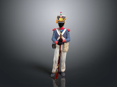 Traditional Historical Military Soldier Figure With Blue Uniform Red Accents And Rifle 3d model