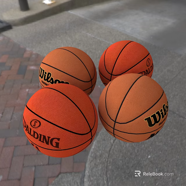 Four Wilson and Spalding Basketball Sports Equipment on Brick and Gray Ground Surface 3d model 