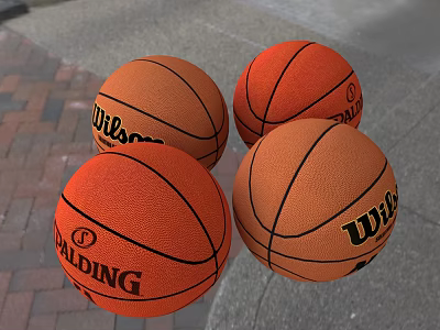 Four Wilson and Spalding Basketball Sports Equipment on Brick and Gray Ground Surface 3d model