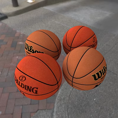 Four Wilson and Spalding Basketball Sports Equipment on Brick and Gray Ground Surface 3d model