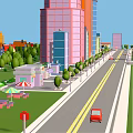Cartoon City Scene With Colorful Tall Buildings Low Rise Structures Green Lawns And Trees