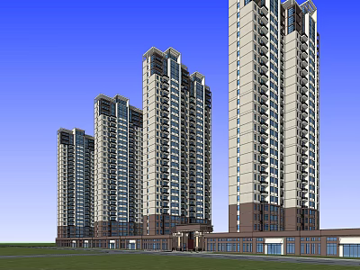 Modern High Rise Residential Complex With Multiple Towers And Green Lawn 3d model