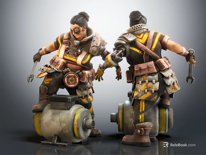 Two Characters In Yellow And Brown Workwear Repairing Mechanical Devices With Tools And Yellow Stripes 3d model 