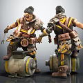 Two Characters In Yellow And Brown Workwear Repairing Mechanical Devices With Tools And Yellow Stripes