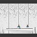 Modern White Reception Desk With Perforated Screen Background And Staff Standing 3d model