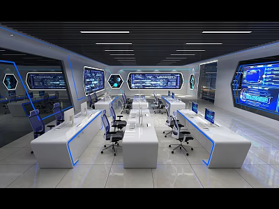 Modern Control Room Setup With Multiple Screens Control Desks And Blue Lighting 3d model