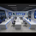 Modern Control Room Setup With Multiple Screens Control Desks And Blue Lighting 3d model