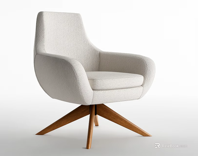 Modern Beige Fabric Accent Chair With Rounded Armrests And Wooden Five Legged Base 3d model 
