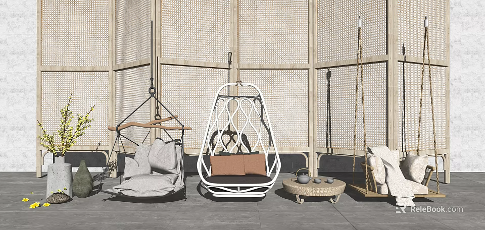 Outdoor Hanging Chairs Modern Design White Frame Wooden Accents Rattan Wall And Coffee Table 3d model 