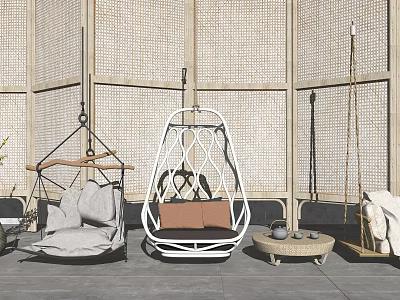 Outdoor Hanging Chairs Modern Design White Frame Wooden Accents Rattan Wall And Coffee Table 3d model