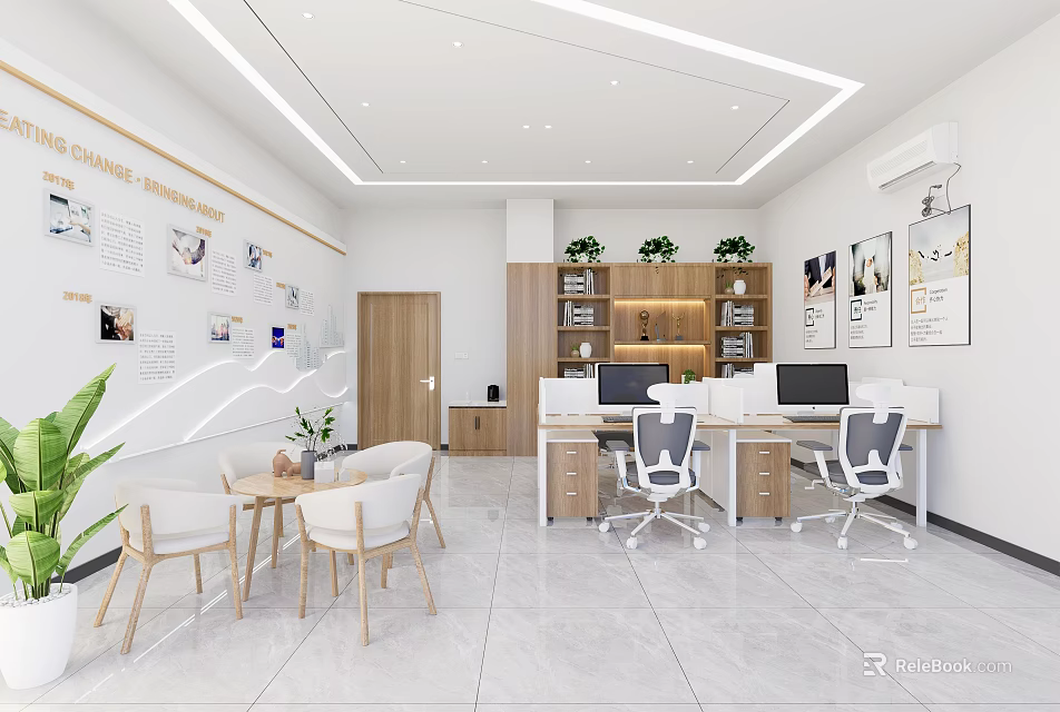 Modern Public Office Space Featuring Open Layout Desks Ergonomic Chairs Indoor Plants And Wall Art 3d model 