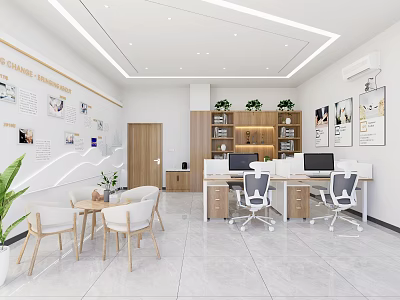 Modern Public Office Space Featuring Open Layout Desks Ergonomic Chairs Indoor Plants And Wall Art 3d model
