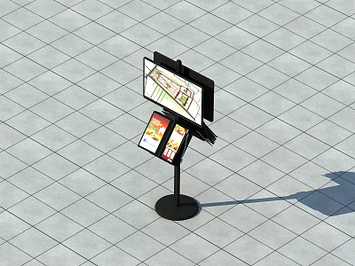 Floor Standing Display Rack With Multiple Screens On Tiled Floor Design 3d model