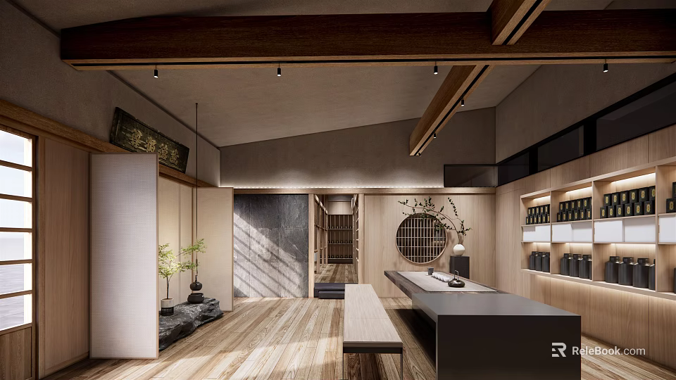 Traditional Teahouse Interior Design With Wooden Beams Tatami Seats And Tea Sets 3d model 