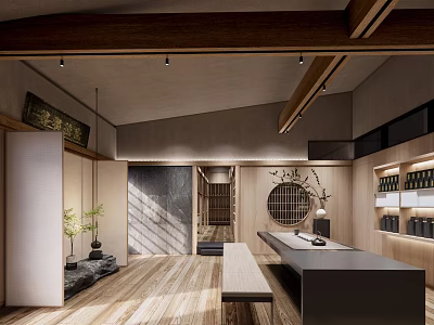 Traditional Teahouse Interior Design With Wooden Beams Tatami Seats And Tea Sets 3d model