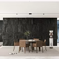 Modern Restaurant Interior with Black Stone Wall Round Dining Table Brown Chairs and Green Plants
