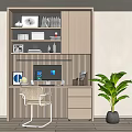 Modern Style Wooden Desk with Bookshelf Books Decorations Computer Desk Lamp Chair and Green Plant
