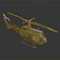 Green Military Helicopter Model With Blue Rotor Blades Landing Gear And Red Accents