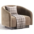 Light Grey Modern Upholstered Lounge Chair With Plaid Decorative Pillow And Soft Tassel Throw Blanket