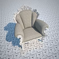 Elegant Carved Armchair With Gray Fabric Upholstery And White Ornate Wooden Frame Classical Design