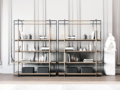 Elegant Modern Bookshelf With Metal Frame Wooden Shelves Displaying Books And Decorative Items 3d model