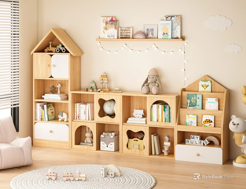 Wooden House Shaped Kids Bookcase in Children Room with Toys Books and Decorative Elements 3d model 