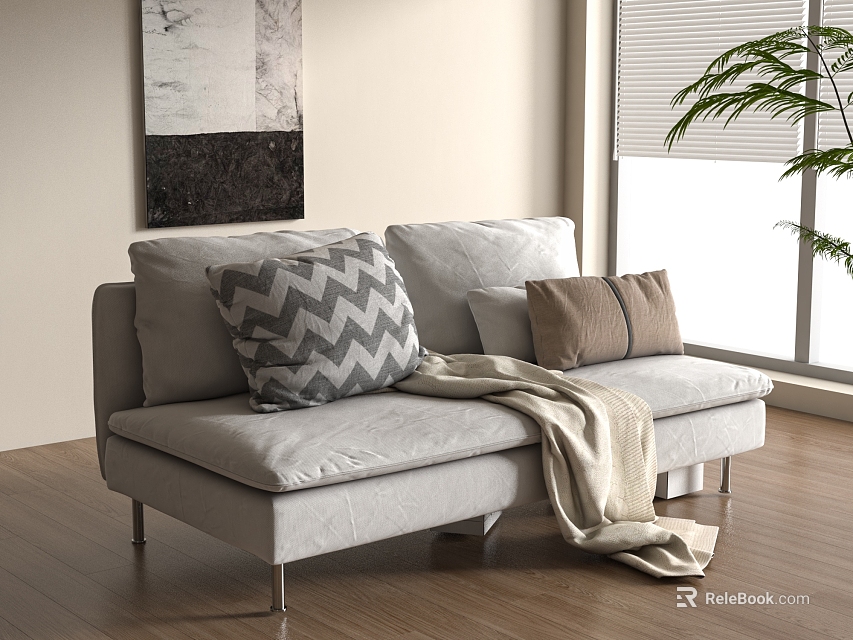 Light Gray Two Seater Sofa with Zigzag Brown Cushions Beige Throw Blanket and Wooden Floor 3d model 