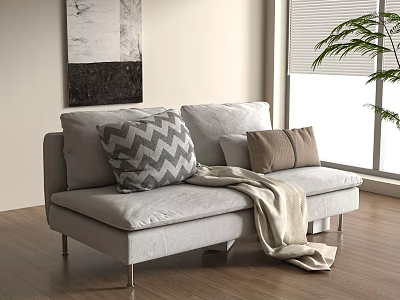 Light Gray Two Seater Sofa with Zigzag Brown Cushions Beige Throw Blanket and Wooden Floor 3d model