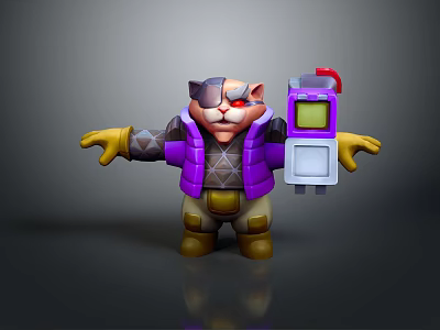 3D One Eyed Cat Like Game Character Wearing Purple Jacket Yellow Gloves And Holding Device 3d model