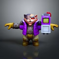 3D One Eyed Cat Like Game Character Wearing Purple Jacket Yellow Gloves And Holding Device