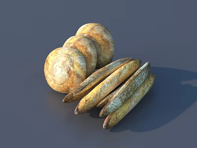 Freshly Baked Bread Round Loaves and Long Baguettes Displayed on Gray Background Surface 3d model
