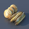 Freshly Baked Bread Round Loaves and Long Baguettes Displayed on Gray Background Surface 3d model